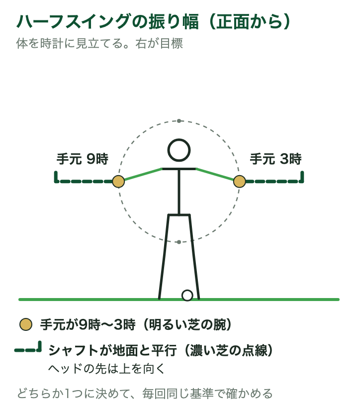 正面から見たハーフスイングの振り幅:体を時計に見立てて手元が9時と3時の位置と、シャフトが地面と平行でヘッドの先が上を向く線を重ねた図