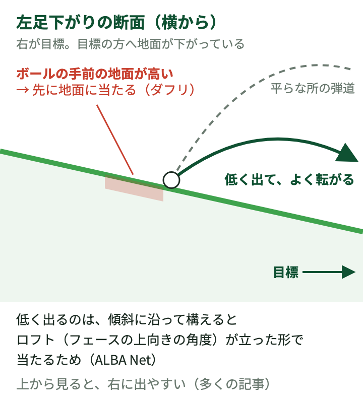 左足下がりの断面：ボールの手前の地面が高くダフりやすい。ロフトが立って低く出て、よく転がる