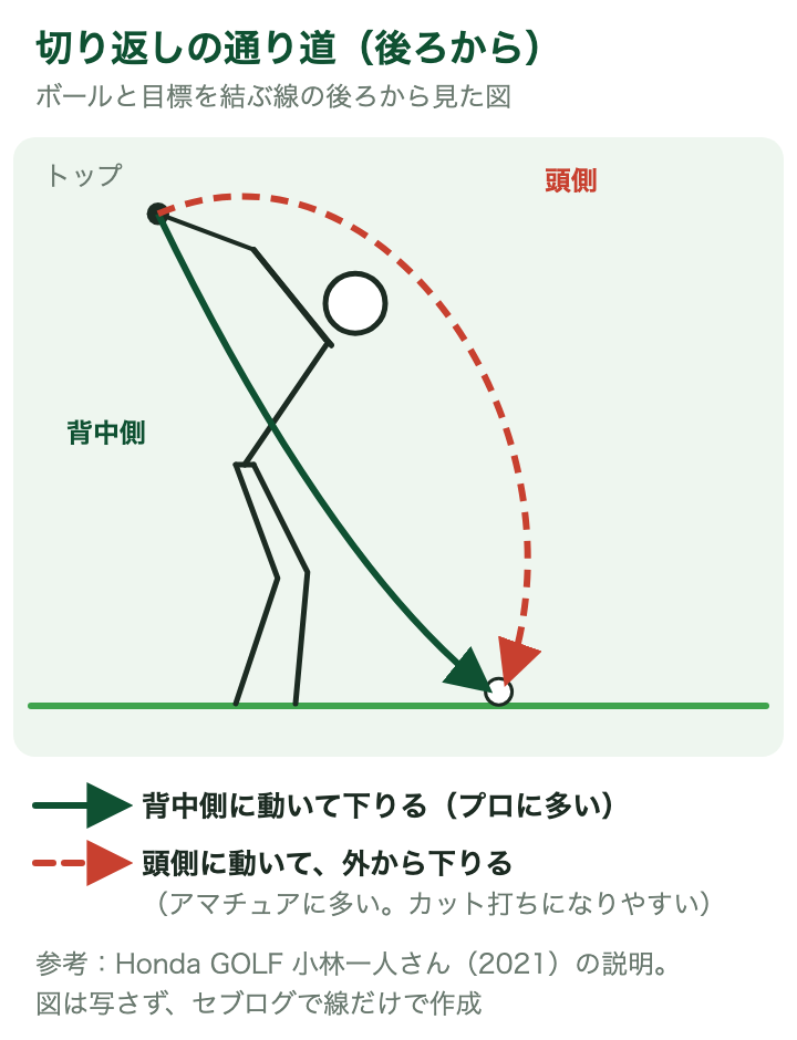 後ろから見た切り返しの通り道:背中側に動いて下りる線と、頭側に動いて外から下りる線の比べ図